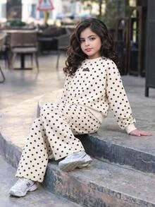 Tween Girl Polka Dot Kids Print Drop Shoulder Hoodie & Pants - Multicolor - View 2