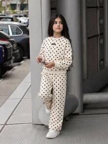 Tween Girl Polka Dot Kids Print Drop Shoulder Hoodie & Pants - Multicolor - View 8