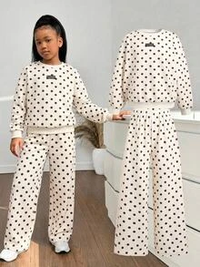 Tween Girl Polka Dot Kids Print Drop Shoulder Hoodie & Pants - Multicolor - View 4