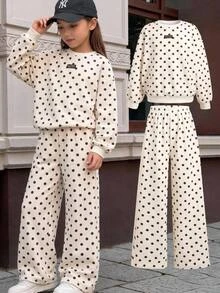 Tween Girl Polka Dot Kids Print Drop Shoulder Hoodie & Pants - Multicolor - View 3