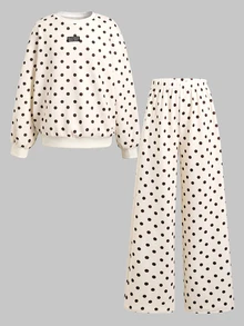 Tween Girl Polka Dot Kids Print Drop Shoulder Hoodie & Pants - Multicolor - View 12