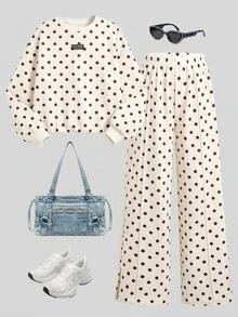 Tween Girl Polka Dot Kids Print Drop Shoulder Hoodie & Pants - Multicolor - View 6