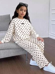 Tween Girl Polka Dot Kids Print Drop Shoulder Hoodie & Pants - Multicolor - View 1