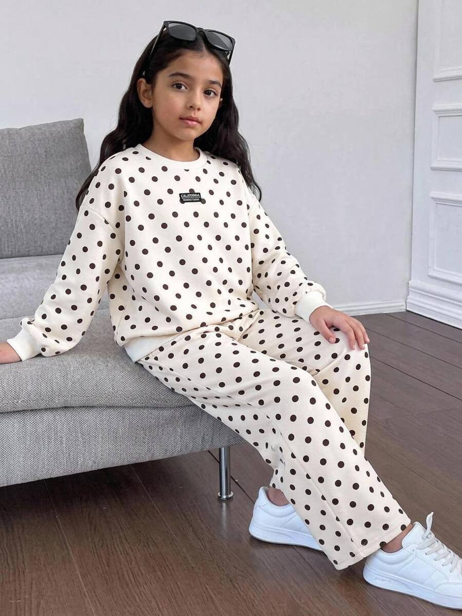 Tween Girl Polka Dot Kids Print Drop Shoulder Hoodie & Pants - Multicolor - View 1
