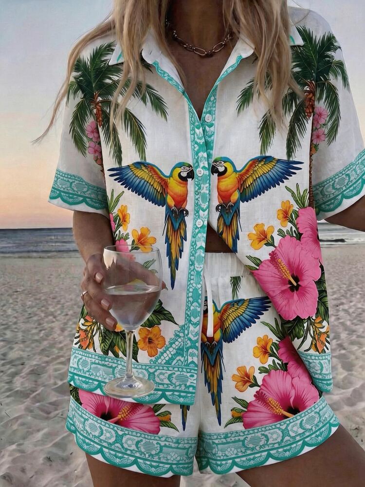 Vaclyn Women's Summer Beach Vacation Vacation Vacation Tropical Print Loose Shirt And Shorts Set White Tropical Tropical - Mint Green - View 3