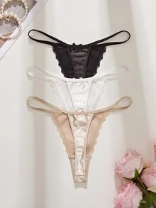 SHEIN 3件組蕾絲拼接蝴蝶結女款丁字褲內褲套裝 - 彩色 - 查看 2