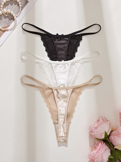 SHEIN 3pcs Lace Patchwork Bowknot Women's Thong Panties Set
