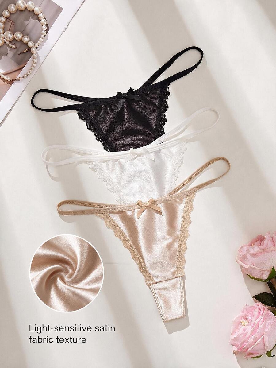 SHEIN 3件組蕾絲拼接蝴蝶結女款丁字褲內褲套裝 - 彩色 - 查看 1