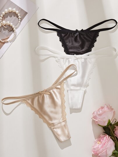 SHEIN 3pcs Lace Patchwork Bowknot Women's Thong Panties Set
