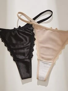 SHEIN 3件組蕾絲拼接蝴蝶結女款丁字褲內褲套裝 - 彩色 - 查看 4