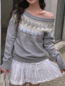 DAZY Contrast Plaid Jacquard Loose Long Sleeve Off-Shoulder Beaded Decor Casual Vacation Korean Style Autumn/Winter Knit Sweater For Women - Grey - View 2