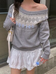 DAZY Contrast Plaid Jacquard Loose Long Sleeve Off-Shoulder Beaded Decor Casual Vacation Korean Style Autumn/Winter Knit Sweater For Women - Grey - View 4