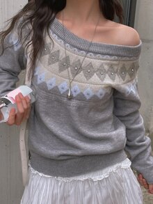 DAZY Contrast Plaid Jacquard Loose Long Sleeve Off-Shoulder Beaded Decor Casual Vacation Korean Style Autumn/Winter Knit Sweater For Women - Grey - View 5