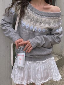 DAZY Contrast Plaid Jacquard Loose Long Sleeve Off-Shoulder Beaded Decor Casual Vacation Korean Style Autumn/Winter Knit Sweater For Women - Grey - View 3