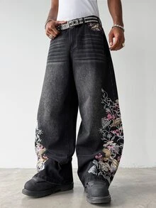 Manfinity EMRG 男士街頭風休閒刺繡黑色牛仔褲 - 黑色 - 查看 8