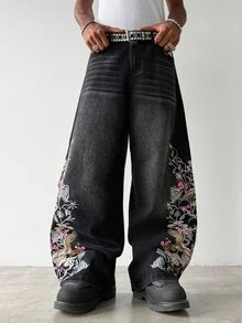 Manfinity EMRG 男士街頭風休閒刺繡黑色牛仔褲 - 黑色 - 查看 6