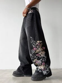 Manfinity EMRG 男士街頭風休閒刺繡黑色牛仔褲 - 黑色 - 查看 4