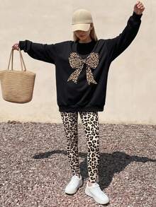 SHEIN 2pcs/Set Tween Girl Casual Fall Outfits, Leopard Print Pattern Bow Decor Graphic Sweatshirt And Leggings Set Winter Clothes - Multicolor - View 1