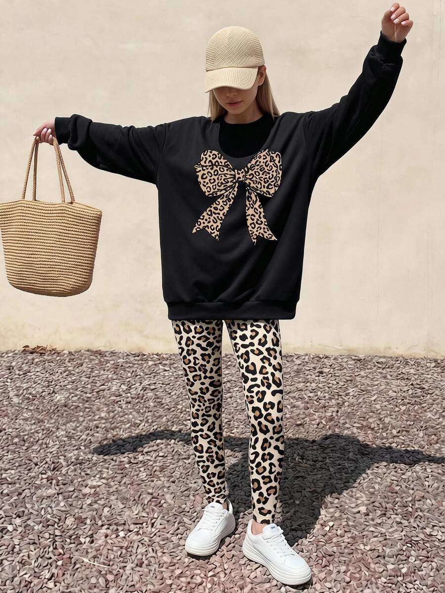 SHEIN 2pcs/Set Tween Girl Casual Fall Outfits, Leopard Print Pattern Bow Decor Graphic Sweatshirt And Leggings Set Winter Clothes - Multicolor - View 1