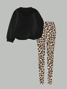 SHEIN 2pcs/Set Tween Girl Casual Fall Outfits, Leopard Print Pattern Bow Decor Graphic Sweatshirt And Leggings Set Winter Clothes - Multicolor - View 2