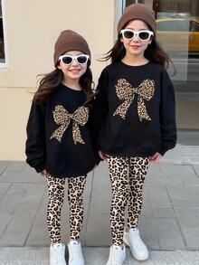 SHEIN 2pcs/Set Tween Girl Casual Fall Outfits, Leopard Print Pattern Bow Decor Graphic Sweatshirt And Leggings Set Winter Clothes - Multicolor - View 3