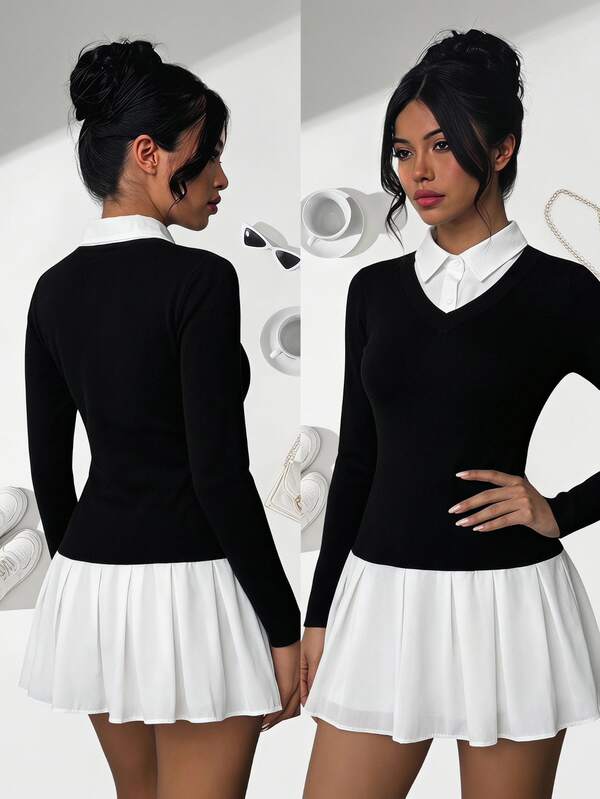 SHEIN Tween Girls Fitted Shirt Dress With Pleated Skirt, Long Sleeve Casual Dress Fall Winter