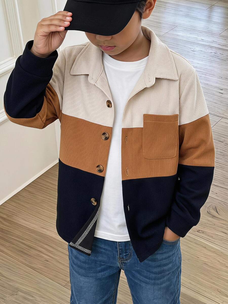 SHEIN Boys Contrast Color Button Pocket Jacket Early Fall Back To School Daily Casual Kids Outerwear - Multicolor - View 1