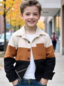 SHEIN Boys Contrast Color Button Pocket Jacket Early Fall Back To School Daily Casual Kids Outerwear - Multicolor - View 7