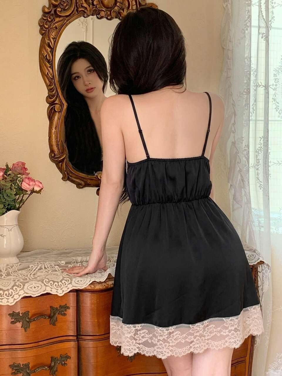 Women's Contrast Color Lace Patchwork Camisole Nightgown Fall
