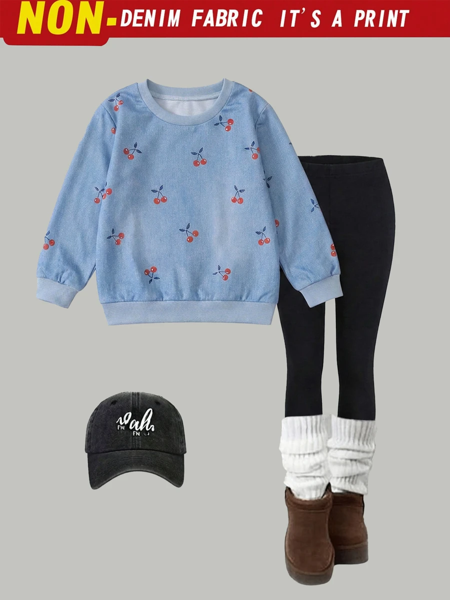 Young Girls Cherry Print Faux Denim Long Sleeve Sweatshirt + Black Leggings 2Pcs Casual Outfit Set Kids Spring Fall Set - Blue - View 1