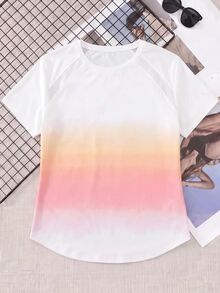 SHEIN Cheerettes Women's Plus Size Gradient Color Casual Fitness Sports T-Shirt - White - View 2