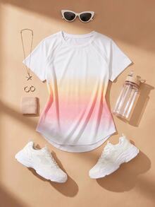 SHEIN Cheerettes Women's Plus Size Gradient Color Casual Fitness Sports T-Shirt - White - View 1