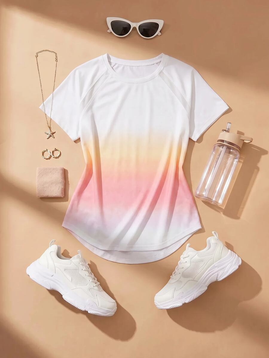 SHEIN Cheerettes Women's Plus Size Gradient Color Casual Fitness Sports T-Shirt - White - View 1
