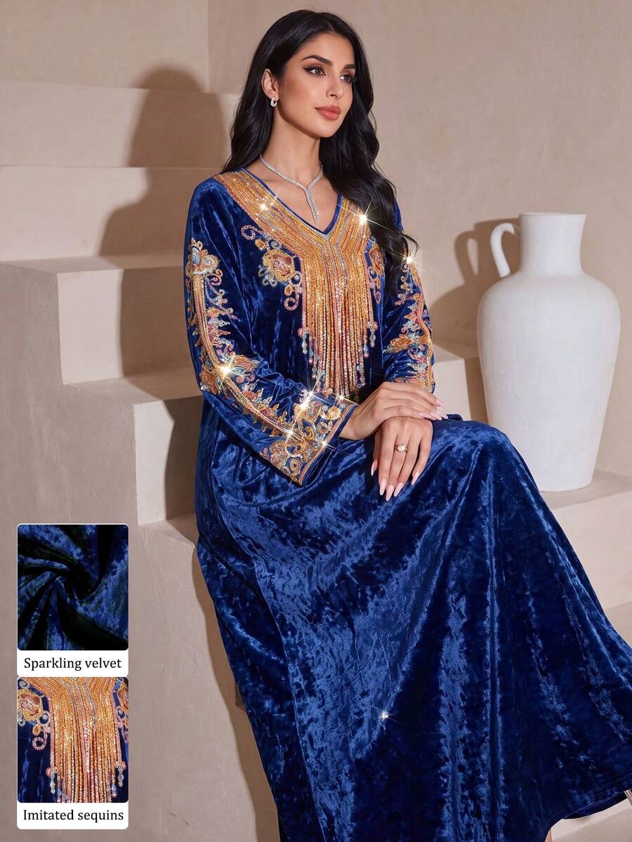SHEIN Najma 女款復古彩色圖案海軍藍時尚V領長袖春秋優雅金色水鑽天鵝絨長洋裝,幾何圖案洋裝,阿拉伯風格服飾 - 彩色 - 查看 1