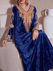 SHEIN Najma 女款復古彩色圖案海軍藍時尚V領長袖春秋優雅金色水鑽天鵝絨長洋裝，幾何圖案洋裝，阿拉伯風格服飾 - 彩色 - 查看 5