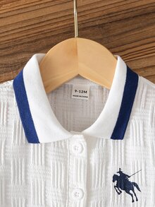 Souflis Souflis 男嬰海軍藍馬匹印花夏季提花 Polo 領短袖短褲兩件套 - 藏藍色 - 查看 5
