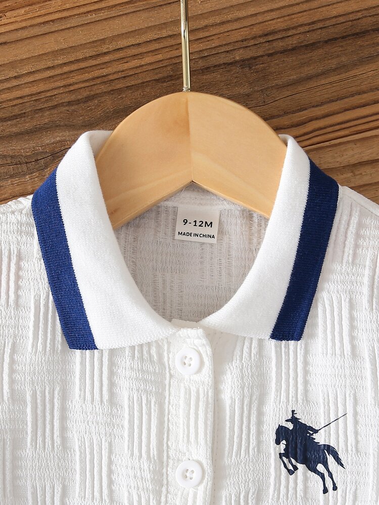 Souflis Souflis Baby Boy, Navy Blue Horse Print Summer Jacquard Polo Collar Short-Sleeved Short Pants Two Pieces Set. - Navy - View 5