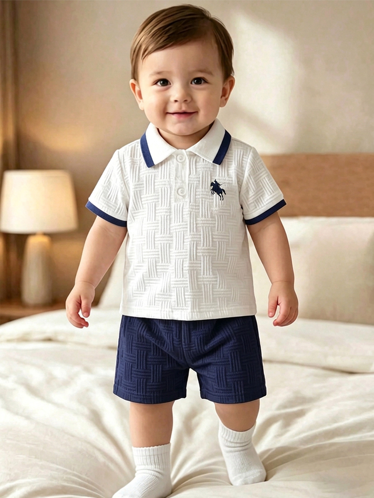 Souflis Souflis Baby Boy, Navy Blue Horse Print Summer Jacquard Polo Collar Short-Sleeved Short Pants Two Pieces Set. - Navy - View 3