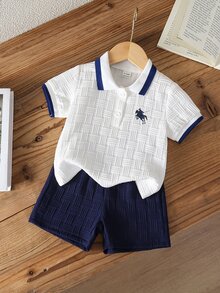 Souflis Souflis 男嬰海軍藍馬匹印花夏季提花 Polo 領短袖短褲兩件套 - 藏藍色 - 查看 6