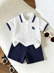 Souflis Souflis Baby Boy, Navy Blue Horse Print Summer Jacquard Polo Collar Short-Sleeved Short Pants Two Pieces Set.