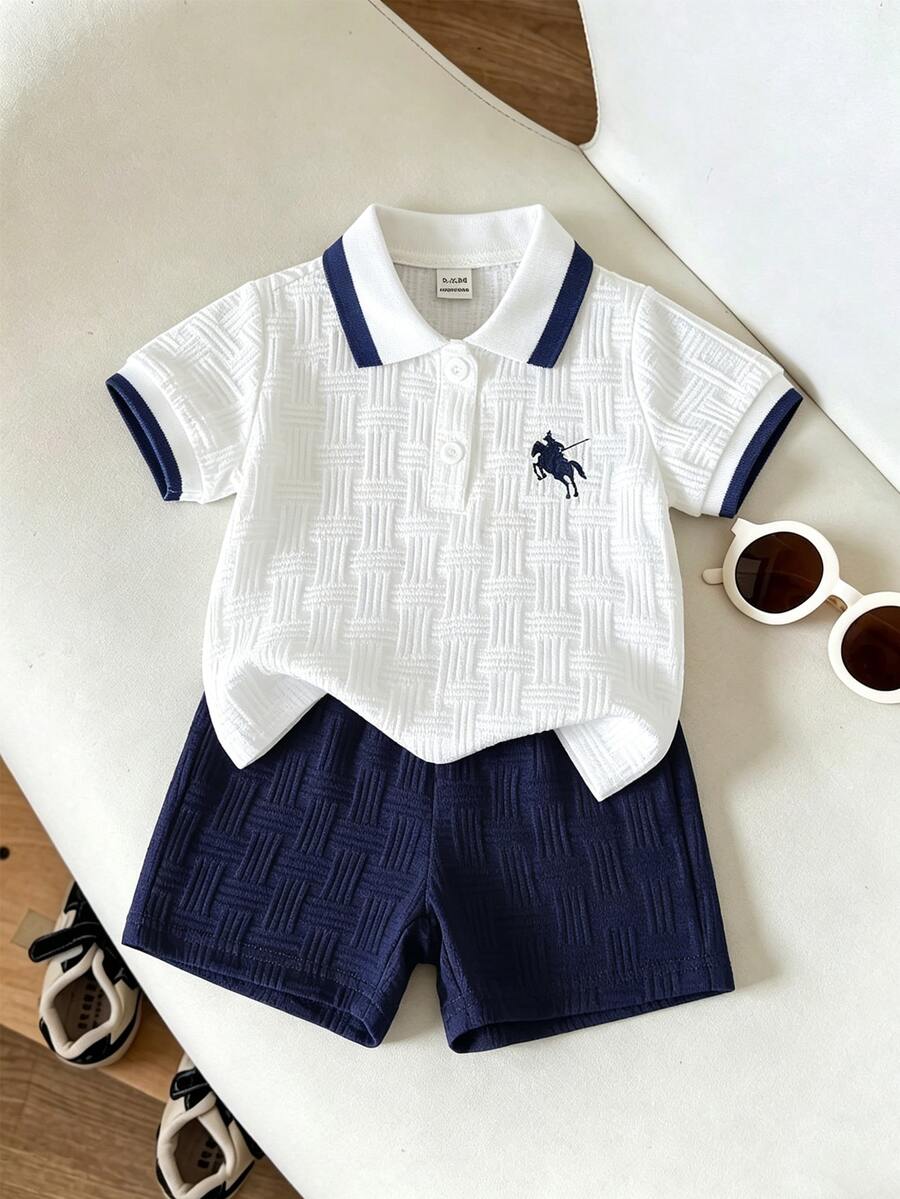 Souflis Souflis 男嬰海軍藍馬匹印花夏季提花 Polo 領短袖短褲兩件套 - 藏藍色 - 查看 1
