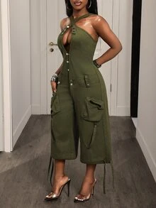 BamGleam 女士街头时尚口袋牛仔连体裤 - 軍綠色 - 查看 4