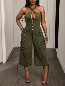 BamGleam 女士街头时尚口袋牛仔连体裤 - 軍綠色 - 查看 6