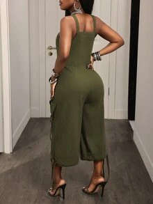 BamGleam 女士街头时尚口袋牛仔连体裤 - 軍綠色 - 查看 2