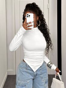 BamGleam Solid Color Stand Collar Asymmetric Hem T-Shirt Fall Cloth For Women - White - View 5