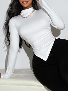 BamGleam Solid Color Stand Collar Asymmetric Hem T-Shirt Fall Cloth For Women - White - View 6