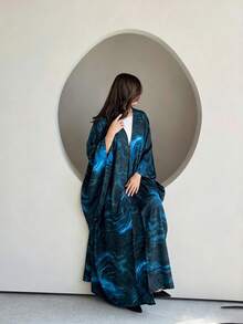 Yasmyna Women's Blue Print Maxi Dress, Elegant Loose FitOpen Front Modest Dress, Full Length Kimono Style Cover Up For Casual Wear, Parties And Daily Outfits - Blue - View 2