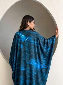 Yasmyna Women's Blue Print Maxi Dress, Elegant Loose FitOpen Front Modest Dress, Full Length Kimono Style Cover Up For Casual Wear, Parties And Daily Outfits - Blue - View 3