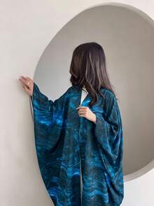 Yasmyna Women's Blue Print Maxi Dress, Elegant Loose FitOpen Front Modest Dress, Full Length Kimono Style Cover Up For Casual Wear, Parties And Daily Outfits - Blue - View 4