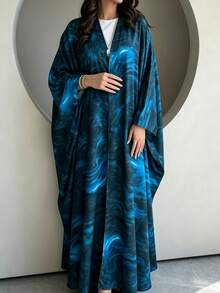 Yasmyna Women's Blue Print Maxi Dress, Elegant Loose FitOpen Front Modest Dress, Full Length Kimono Style Cover Up For Casual Wear, Parties And Daily Outfits - Blue - View 5